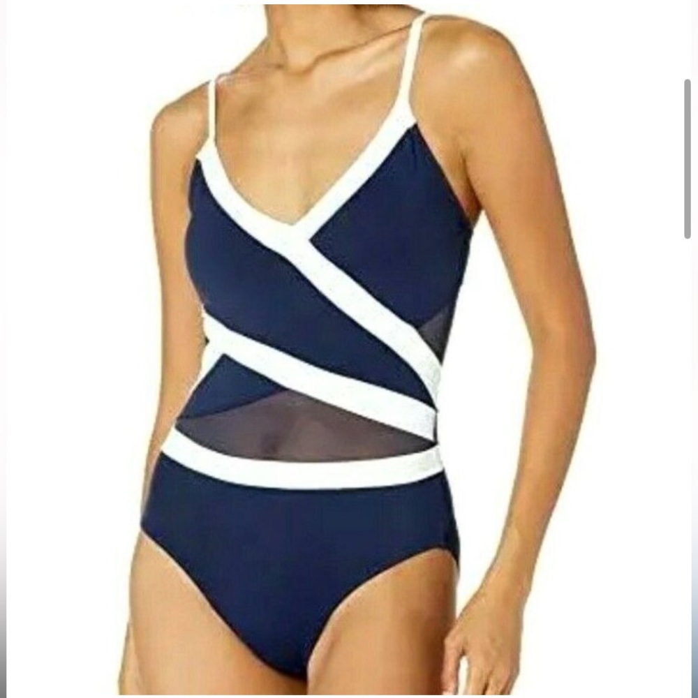 NWT Anne Cole Blue White One Piece Swimsuit Mesh Panel 12